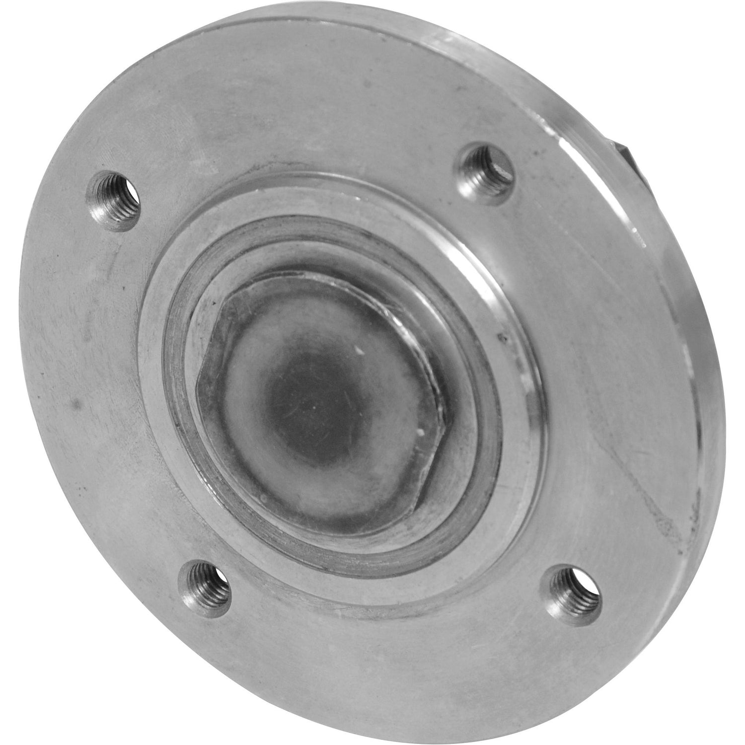 A Coulter Hub Assembly - LH (Overum) by Sparex, featuring four bolt holes and a central raised cylindrical section. (Sparex Part No.S.72514)