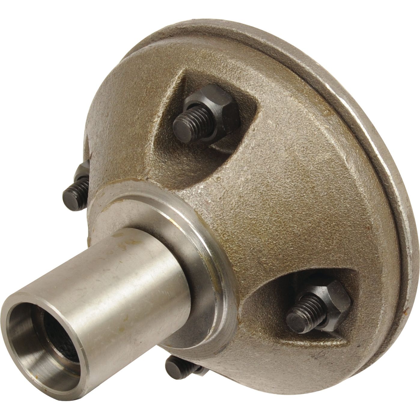 Close-up of the Coulter Hub Assembly - RH & LH (Kverneland), part number KK086087R, from Sparex, featuring a metallic mechanical design with a cylindrical extension and three bolts securing a round base.