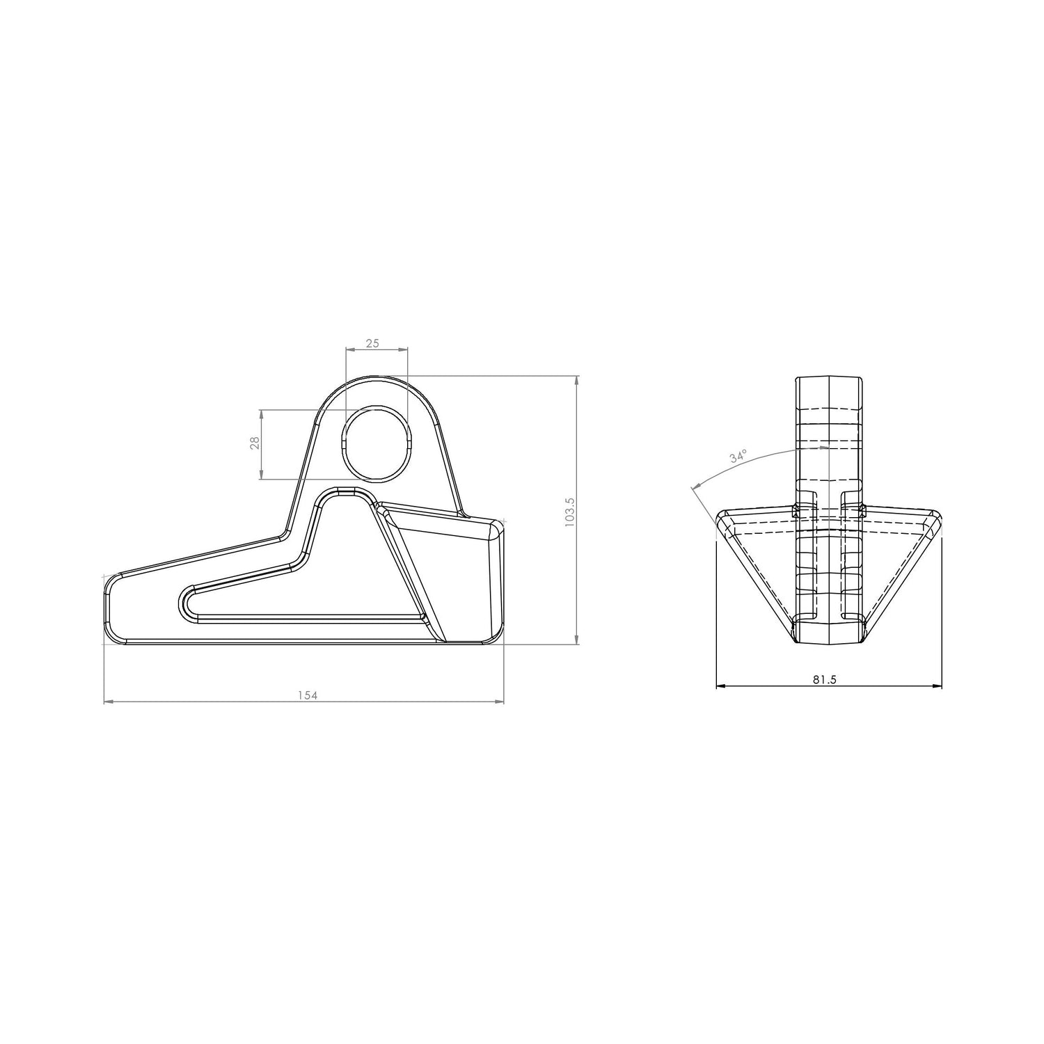 Engineering technical drawing of a mechanical part with detailed measurements and dimensions, including side and front views, featuring the Sparex Mounting Eye - Weld On, Hole Ø25mm (Sparex Part No. S.72549).