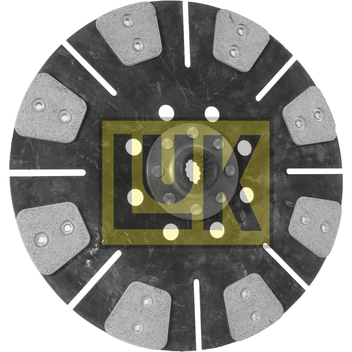 The Clutch Plate - S.72939 from Sparex is a circular metal disc featuring a black background and striking silver segments. The center showcases an intricate gear-like pattern, with the distinctive yellow and black "LUK" logo prominently displayed, emphasizing its precise design. This cerametallic disc is engineered for durability and exceptional performance in demanding applications.