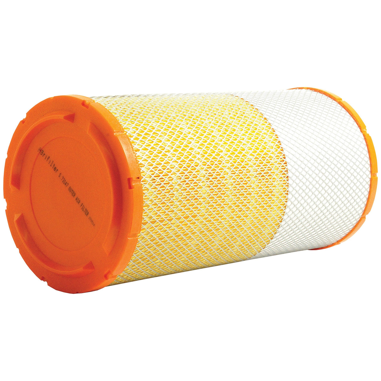 The Air Filter - Outer (Sparex Part No. S.73147) by Sparex is a cylindrical air filter with an orange cap, featuring a mesh-covered body with yellow and white sections, making it ideal for agricultural equipment.