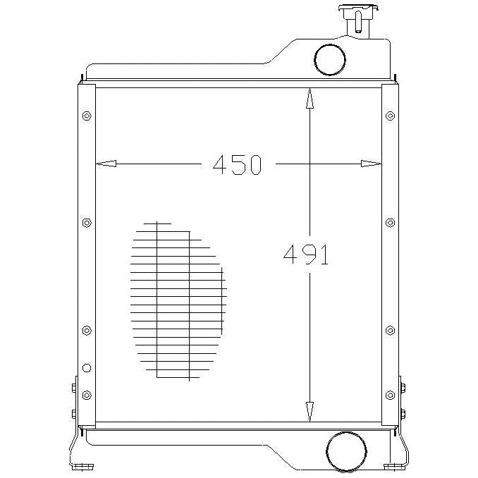 Technical drawing of the Sparex Radiator - S.73809, a rectangular automotive radiator with dimensions marked as 450 and 491 units. It includes top and bottom circular inlet and outlet locations, ensuring efficient cooler function.