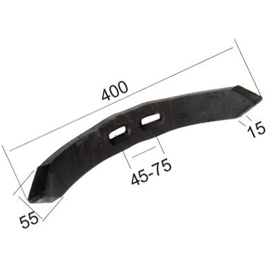 A heavy-duty Reversible Point, measuring 400mm in length, 55mm in width, and 15mm in height, with hole centers ranging between 45-75mm. Ideal for use with Universal Tractors. (Sparex Part No.S.74823)