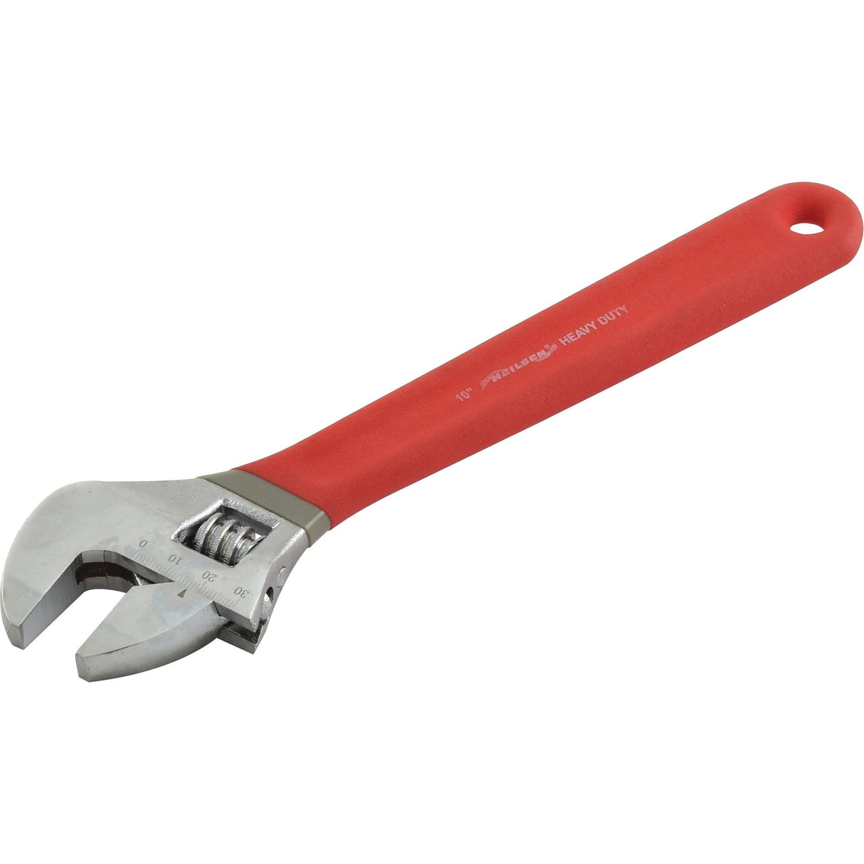 The Sparex Adjustable Spanner - Length 250mm (10''), branded by Sparex, comes with a red handle and is constructed from durable steel. It features a rotating mechanism to vary the jaw width.