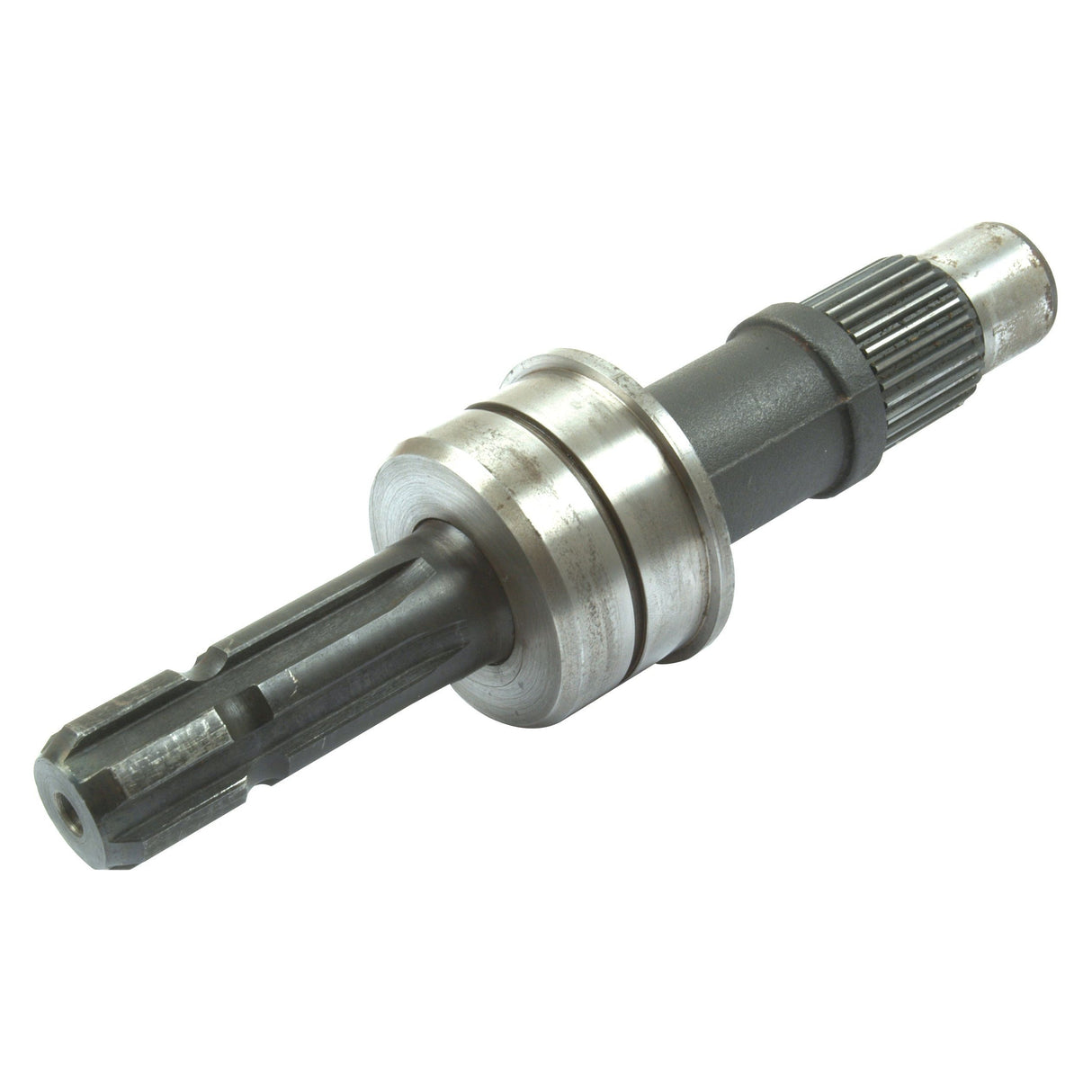 Close-up view of the PTO Shaft Display Stand - Stock not included - S.75352 by Sparex, showcasing its gear teeth, metal rings, and cylindrical body with intricate splines. The shaft seems to be a part of an industrial machine or automotive component.