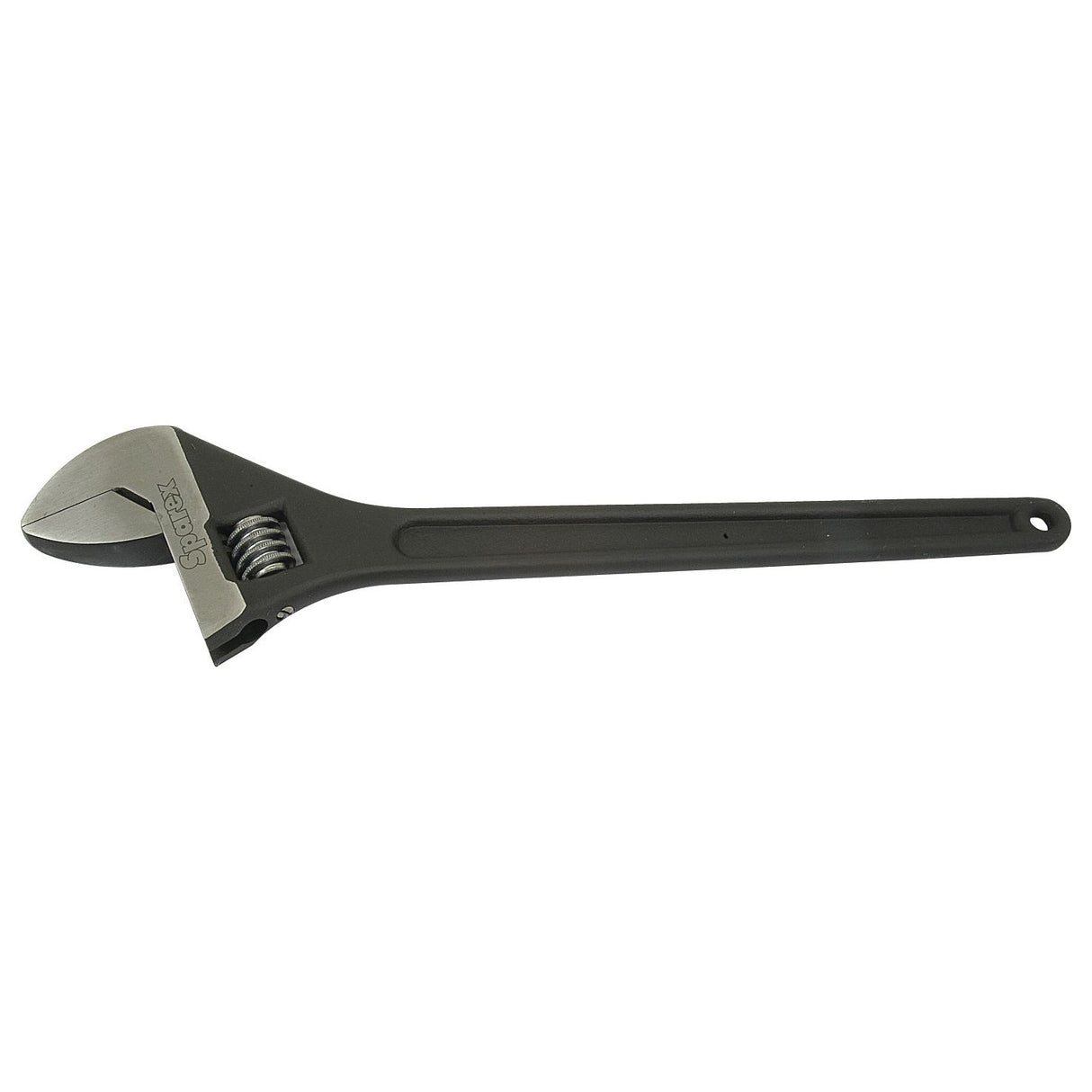 The Sparex Adjustable Spanner, Part No. S.757, measures 450mm (18'') in length and features a durable steel construction with a black handle and a movable jaw for gripping and turning objects.