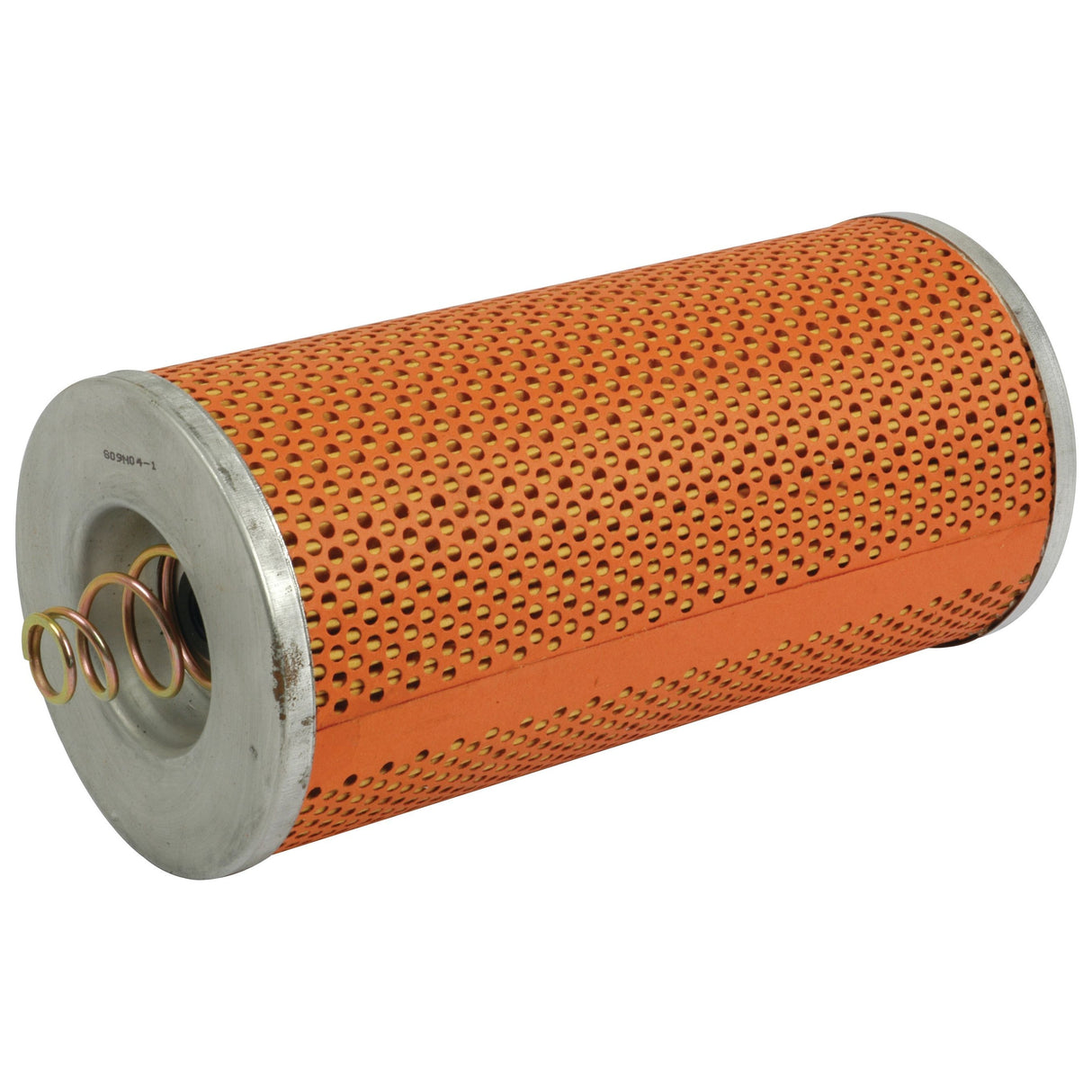 An oil filter with a cylindrical design, featuring an orange perforated metal casing and metallic ends, lying on its side, reminiscent of the durable Sparex Oil Filter - Element - LF3327 (Sparex Part No. S.76291).