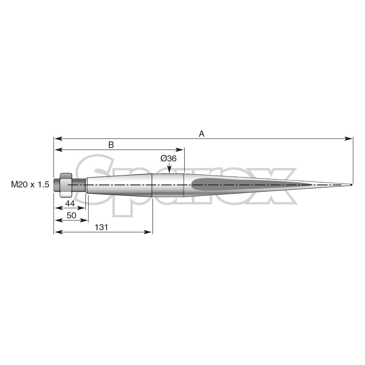 Technical drawing of a pointed tool, Loader Tine - Straight 600mm by Sparex, labeled with dimensions: total length A, sections B and C; 36mm diameter circle, 44mm, 50mm, and 131mm markings. It features an M20 x 1.50 metric thread end designed for a maximum torque of 450 Nm.