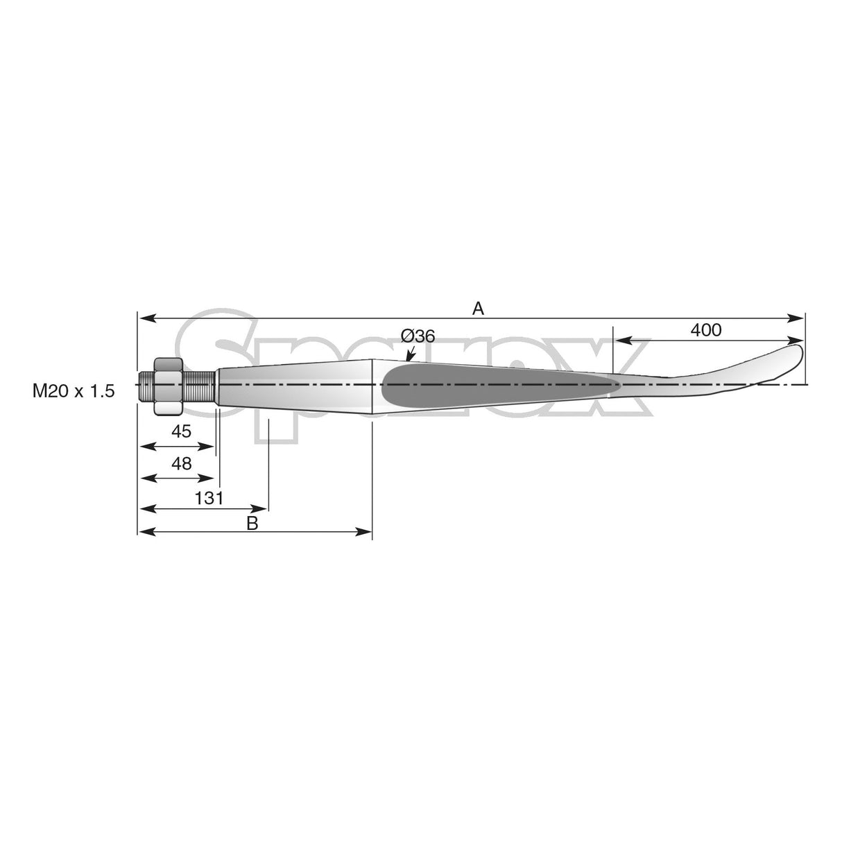 Technical drawing of a curved metal rod with dimensions, identified as the Sparex Loader Tine - Straight - Spoon End 1100mm. The rod features a threaded end (M20 x 1.50 Square) designed to fit model KK221156 - S.77005. The total length is specified as 400mm, with additional measurements at Ø36, 45mm, 48mm, and 131mm. This component is engineered to interface optimally with Conus 1 and can withstand a maximum torque of up to 450Nm for peak performance.