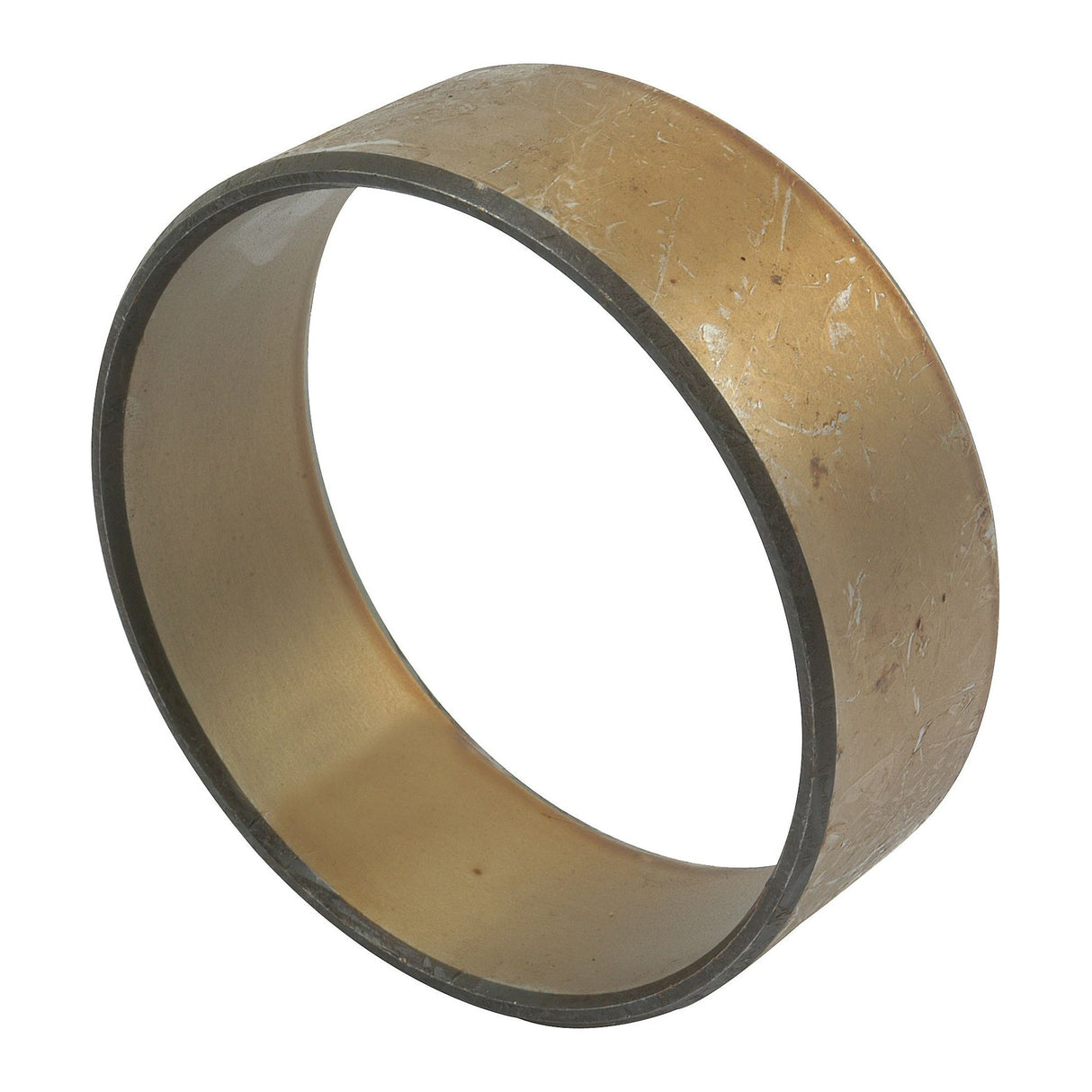 The Spindle Bush (Sparex Part No. S.7720) by Sparex is a smooth, circular metallic ring in a light brown color with a slightly worn texture, ideal for use in the differential housing of a front axle on John Deere machinery.