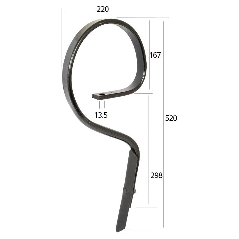The Sparex S Tine 32x10x520mm - S.77215 features a smooth metal spiral bracket, with spring dimensions of 220mm width, 167mm height at the top, 520mm length, 13.5mm depth, and 298mm height at the bottom curve.