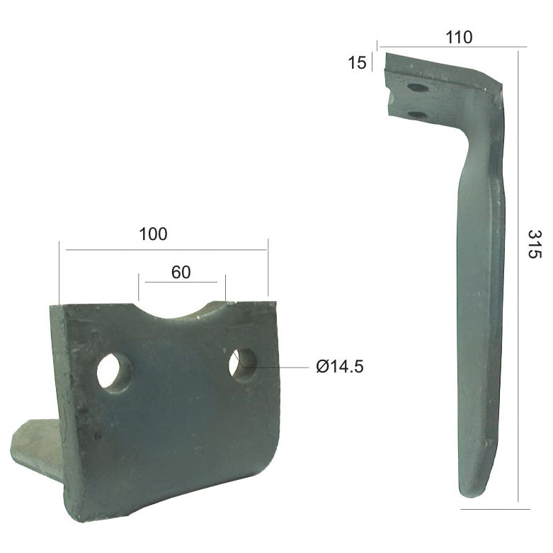 Power Harrow Blade 100x15x315mm RH. Hole centres: 60mm. Hole⌀ 14.5mm. Replacement forHoward.
 - S.77236 - Farming Parts