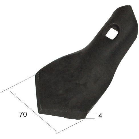 A Sparex Sweep 70x4mm agricultural blade, black and made of metal, with measurements indicating 70 mm in length, 4 mm in width near the mounting hole, and a hole diameter of 10.5 mm. This product is intended to fit as part number 01000642 and is listed under Sparex Part No.S.77241.