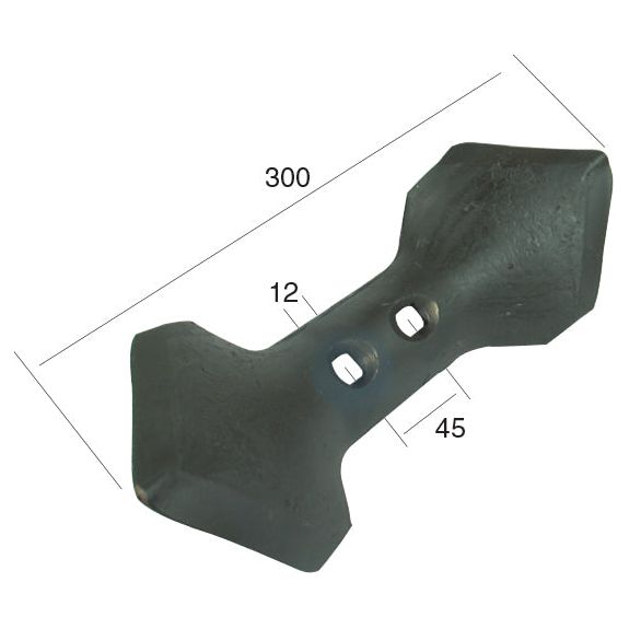 A black Sparex metal object, known as the Reversible point, measures 300mm in length, 110mm across the middle, and 8mm thick. This versatile piece features two central holes spaced 45mm apart and is reminiscent of durable VIBROFLEX components. Suitable for fitting as 05000514 | Sparex Part No. S.77245.