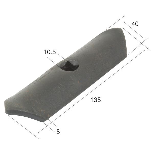 The Sparex Reversible Point (Product No. S.77246) is a black metal object with a central hole Ø 10.5mm, measuring 135mm in length, 40mm in width, and tapering to 5mm at one end. It is ideal for various Kongskilde applications and fits as part number 01200229.