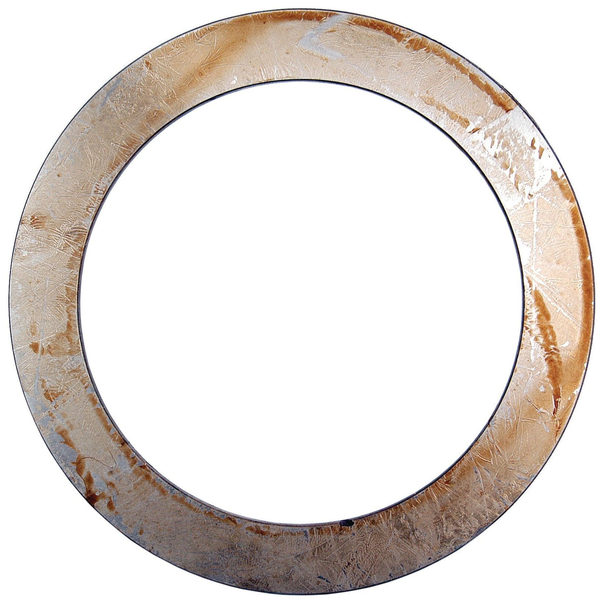 A circular metallic frame, featuring a distressed, weathered texture, with an empty center revealing a white background—reminiscent of the durable craftsmanship seen in Sparex machinery such as the Washer | Sparex Part No.S.7725.