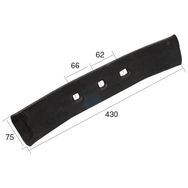 Image of a black, rectangular metal part with three rectangular holes in the center and marked dimensions: 75mm width, 430mm length, and hole spacings of 65mm. The part is identified as the Sparex Reversible Point (430x75x12mm) with Sparex Part No. S.77262, designed to fit as item 70004943. It is ideal for Vicon systems and accommodates heavy-duty fasteners effectively.
