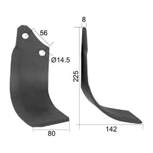 Rotavator Blade Curved RH 80x8mm Height: 225mm. Hole centres: 56mm. Hole⌀: 14.5mm. Replacement for Maschio
 - S.77274 - Farming Parts