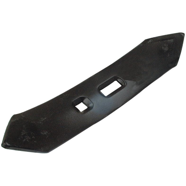 A black, rectangular metal blade with two cut-out slots near the center, often used for Universal Tractors or Massey Ferguson lawn mowers, such as the Reversible Point 255x50x8mm with hole centers 40/54mm, Sparex Part No. S.77292 (646733M2).