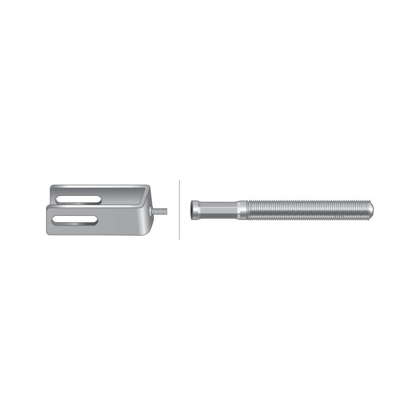 Image of a silver metal clevis and threaded rod placed side by side, separated by a small gap, reminiscent of components from renowned brands like David Brown or Case IH machinery; this could be part of the Brake Cable - Length: 1380mm, Outer cable length: 1129mm. | Sparex Part No.S.7757 from the Sparex brand.
