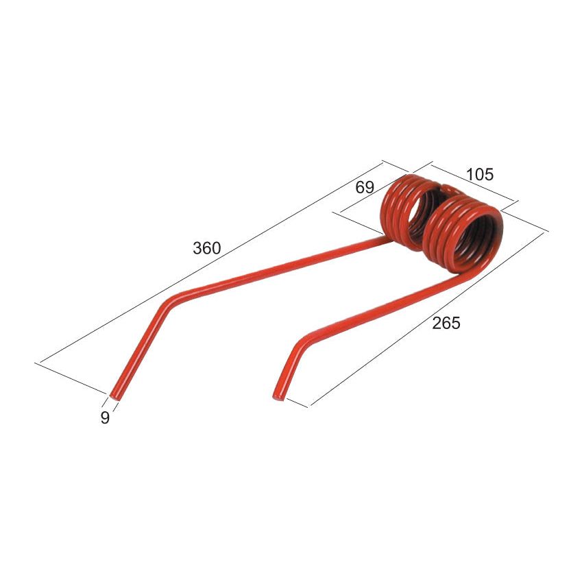 Here's a rewritten version of your sentence using the provided product data:
"A red coiled Tedder haytine with dimensions marked: 360 mm overall length, 105 mm width, and Ø9 mm thickness. It is compatible as a replacement for OE Reference 14330200 from JF series, available under Sparex Part No. S.78062.
