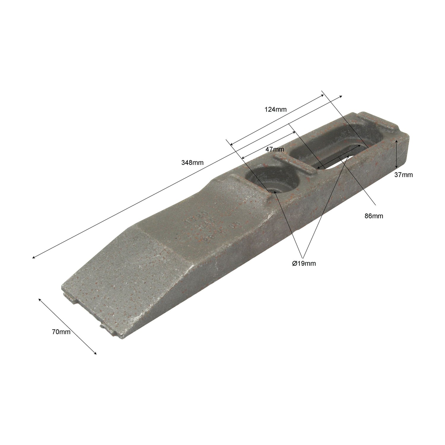A metal excavator tooth, potentially compatible as a Kverneland subsoil point (models 217001320, S.78082), is displayed with the following dimensions: 124mm, 37mm, 348mm, 31mm, 86mm, and 70mm.