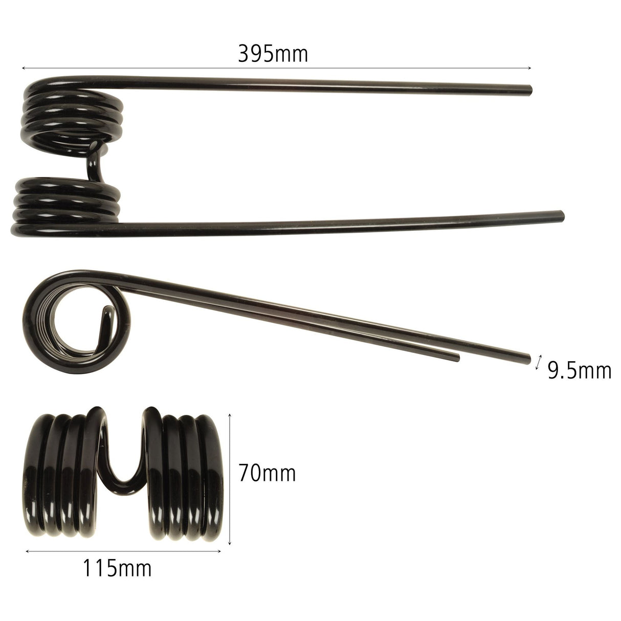 Three Sparex metal torsion springs, identified as Tedder haytine, come in various sizes with the following dimensions: 395mm length, 115mm width, and Ø9.5mm thickness. These are compatible with Kuhn GF22F machines and serve as a replacement for Primary OE Reference 58561900 (Sparex Part No. S.78116).