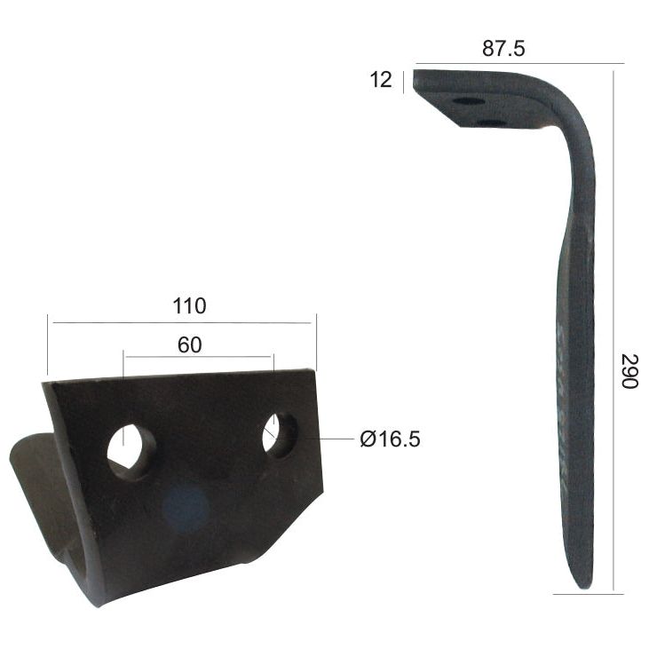 Two views of a Sparex Power Harrow Blade (Replacement for Feraboli, SKH & MF) with dimensions displayed: 290 mm height, 87.5 mm width, 12 mm thickness, 110 mm length, 60 mm distance between holes, and two holes with a diameter of 16.5 mm.