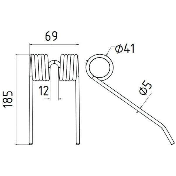 Technical drawing of a Pick-Up Tine with dimensions labeled: 185 mm length, 69 mm width, 41 mm coiled diameter, a 12 mm gap between coils, and a 5 mm rod thickness. Ideal for applications with Sparex Part No.S.78136 and as a replacement for New Holland To fit as:131673.