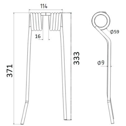 Technical drawing of a Tedder haytine by Sparex, featuring side and front views with labeled dimensions: total height 371mm, width 100mm, coil diameter (Outer Ø): not specified, and section diameter 9mm. Primary OE Reference: PZ224, also known as S.78163.