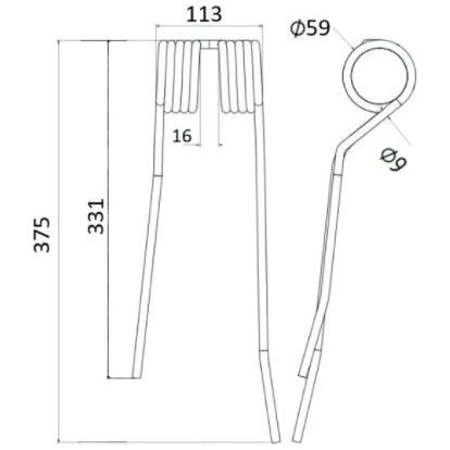 Tedder haytine - RH -  Length:375mm, Width:113mm,⌀9mm - Replacement for PZ
 - S.78164 - Farming Parts