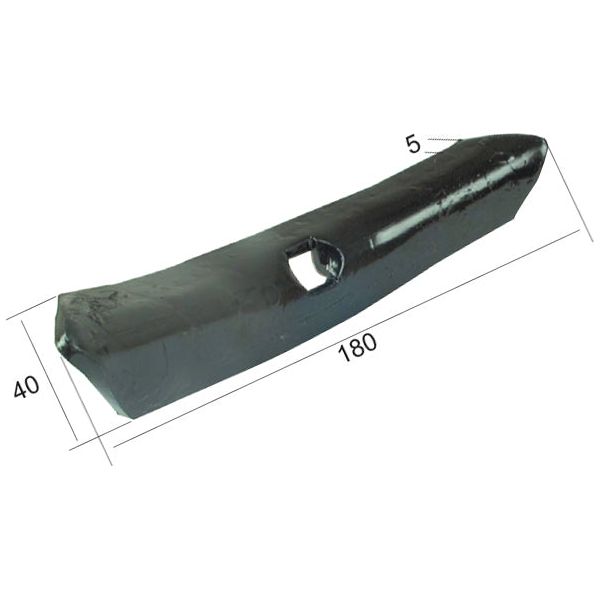The Reversible point 180x40x5mm (Sparex Part No.S.78683) from Sparex is a curved black cylindrical object featuring a center hole with a diameter of 10.5mm, and dimensions of 180 mm in length, 40 mm in width, and 5 mm in height.