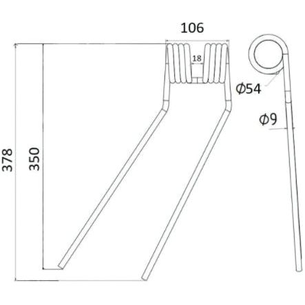 Tedder haytine - LH - Length:378mm, Width:106mm,⌀9mm - Replacement for Fella
- S.78938 - Farming Parts