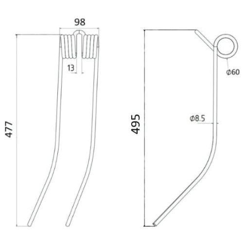 Technical diagram of the Swather/Tedder Tine, a component with dimensions: 477mm length, 98mm width, and an outer diameter of 8.5mm. The component features a bent shape with a loop at one end and is designed as a replacement for Kuhn GA230 model under Sparex Part No.S.78945 by Sparex.