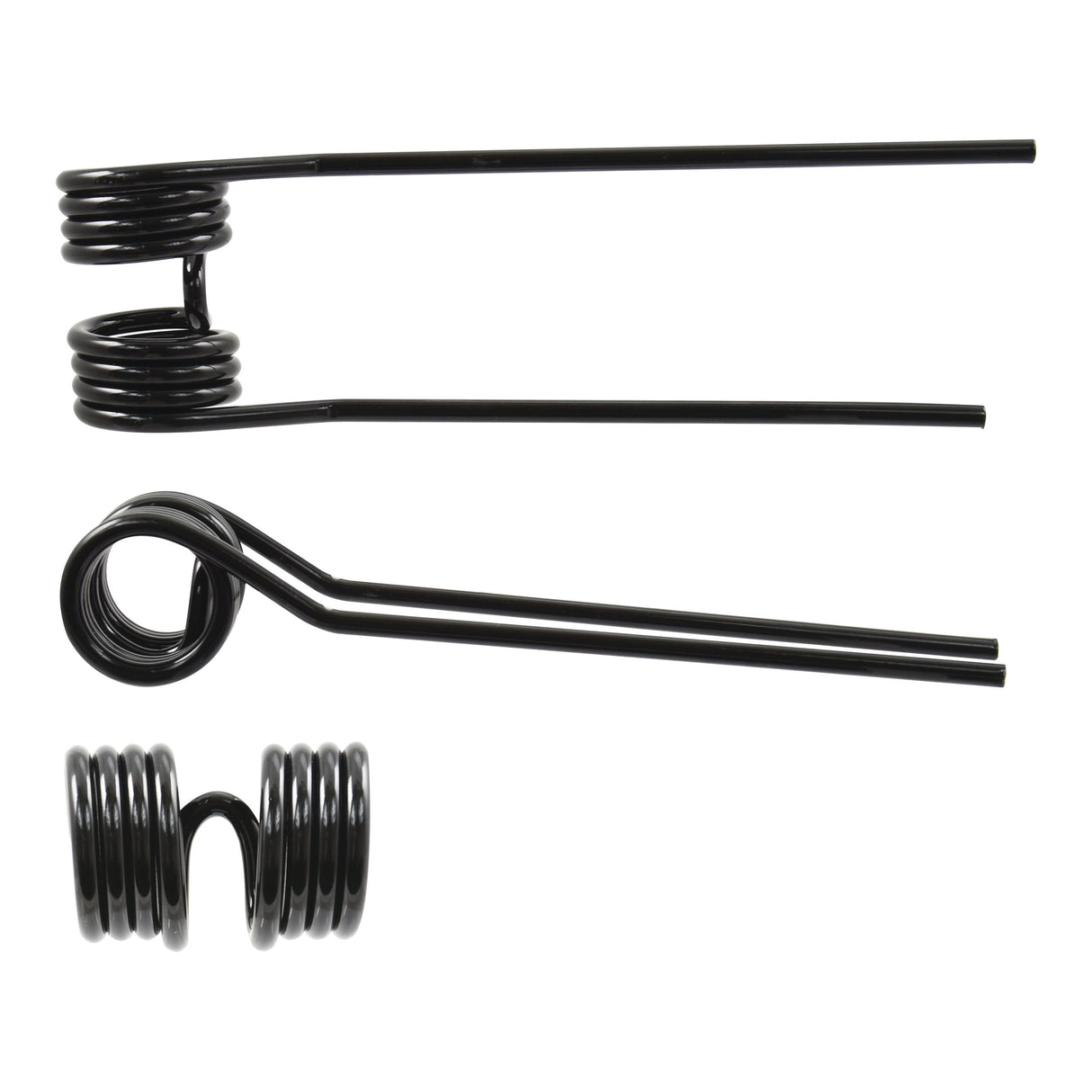 Three black Sparex Tedder haytines, with varied shapes and orientations each having a length of 387mm, a width of 110mm, and an outer diameter of 70mm, are displayed against a white background.