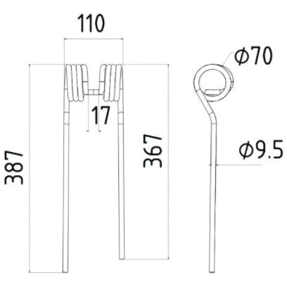 Technical drawing of a Tedder haytine (right-hand) with measurements: length 387mm, width 110mm, and wire diameter Ø9.5mm. This part is suitable for use as a replacement for Kuhn, John Deere, and New Holland equipment. Product Name: Sparex Part No.S.78952 (To fit as: 58740700).