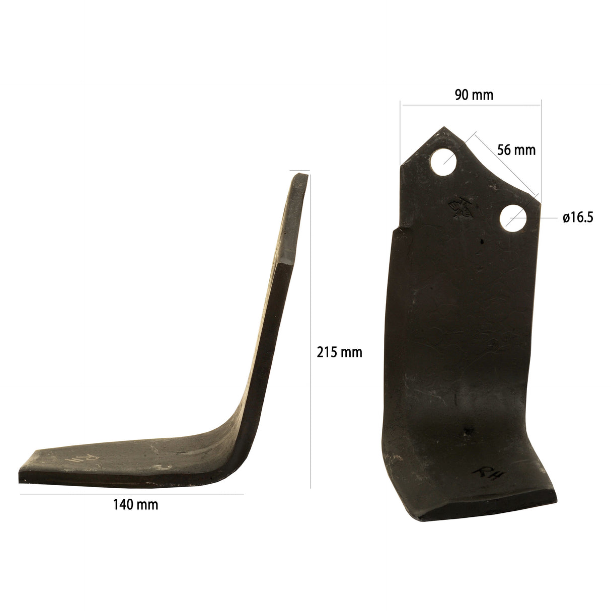 Rotavator Blade  RH 90x12mm Height: 215mm. Hole centres: 56mm. Hole⌀: 16.5mm. Replacement for Maschio
 - S.79634 - Farming Parts