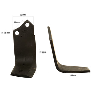 Rotavator Blade  LH 90x12mm Height: 215mm. Hole centres: 56mm. Hole⌀: 16.5mm. Replacement for Maschio
 - S.79635 - Farming Parts