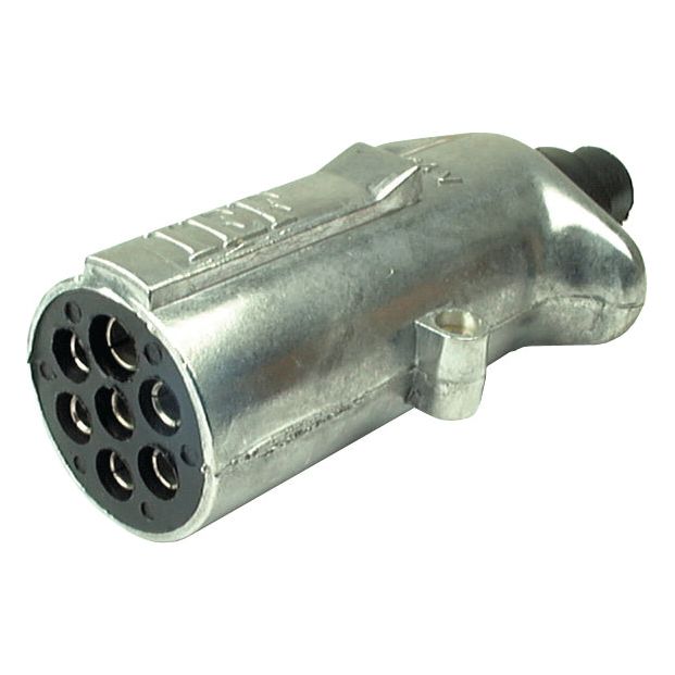 A close-up of the Sparex 7 Pin Trailer Plug 24V (Aluminium) - S.31353, showcasing its silver seven-round pin design with a round front and black cylindrical rear housing.