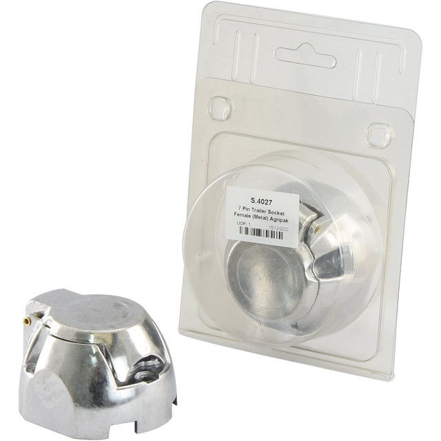 Image of a Sparex 7 Pin Trailer Socket (Metal), Female 12V (Sparex Part No.S.4027) with screw connectors. One socket is shown outside its packaging, and another is inside a clear plastic package with an Agripak label displaying the product information. The metal finish on the sockets adds durability and sleekness to the design.