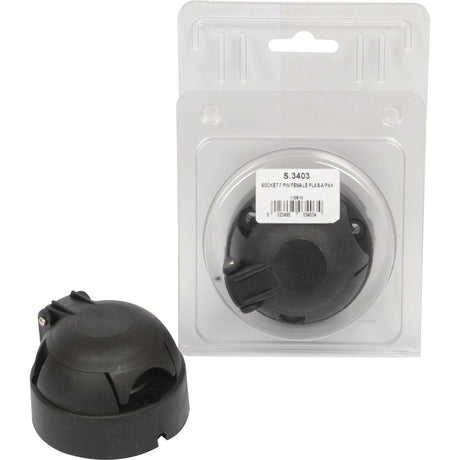 Two black electrical sockets, one being the "7 Pin Trailer Socket (Plastic), Female 12V (Agripak 1 pc.)", Sparex Part No. S.3403, inside a clear plastic packaging and the other next to it outside the packaging.