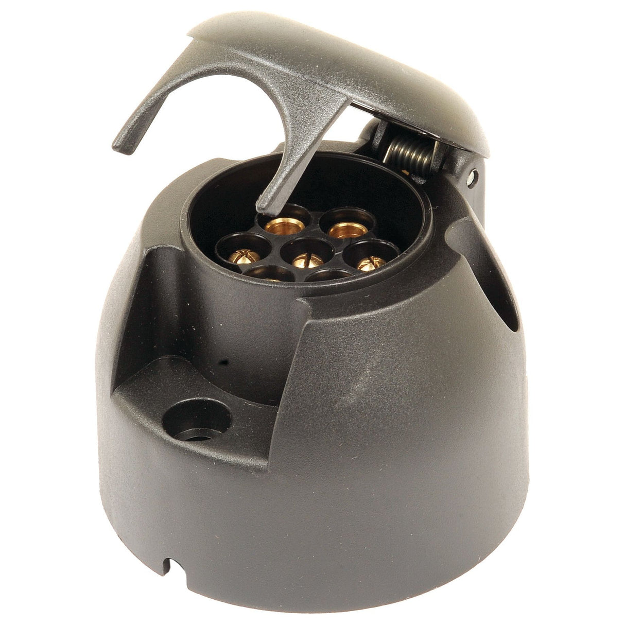 The Sparex 7 Pin Trailer Socket Female with Spade Connectors (Plastic) 12v, part number S.31356, is a black, round socket with an open protective cover, perfect for 12v systems.