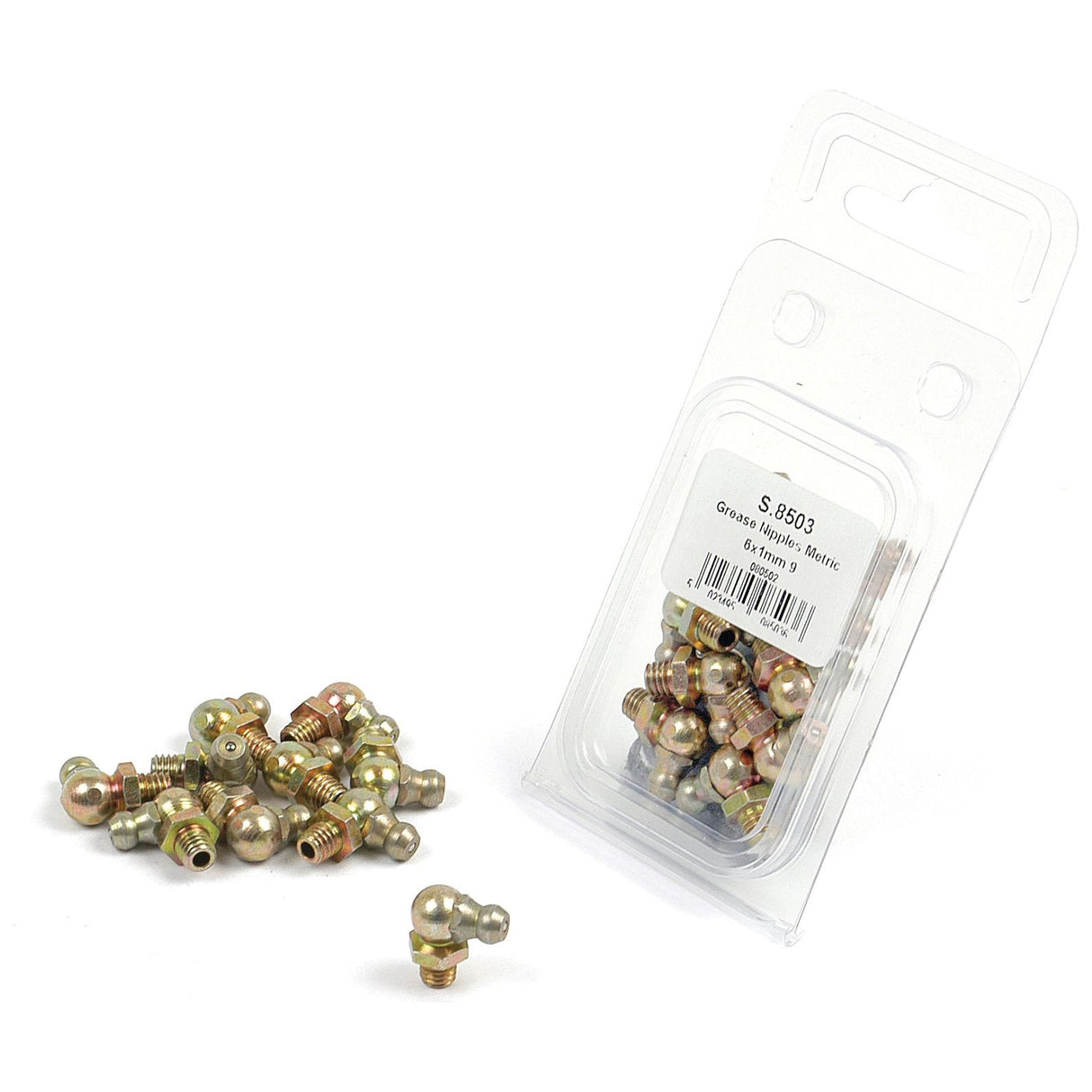 A pack of Grease Nipples, Sparex Part No. S.8503 from Sparex, with a few M6 fittings scattered outside the package, which is labeled with product details.