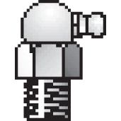 Pixel art of a small, robot-like figure in grayscale with a cylindrical body, a head featuring a protruding eye or lens, and a zigzag pattern on the lower part that subtly incorporates 90° angles reminiscent of the Sparex grease nipples (Sparex Part No. S.880).