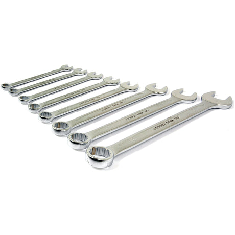 The Sparex Combination Wrench Set (8 pcs.) | Sparex Part No.S.23335 features eight high-quality metal combination wrenches arranged in descending order of size from left to right.