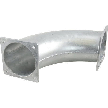 The Sparex 90° Pipe with Square Flange, measuring 8'' (200mm), is galvanised for added durability. It features square flanges on both ends and is designed for ventilation or air conditioning systems. Model number: S.136703.