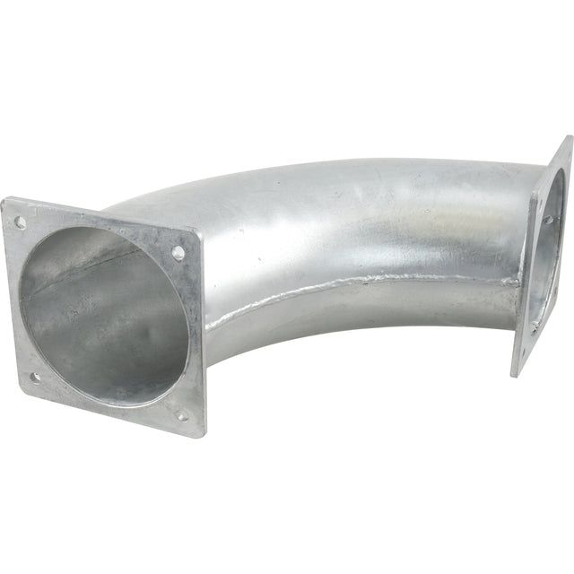 The Sparex 90° Pipe with Square Flange, measuring 8'' (200mm), is galvanised for added durability. It features square flanges on both ends and is designed for ventilation or air conditioning systems. Model number: S.136703.