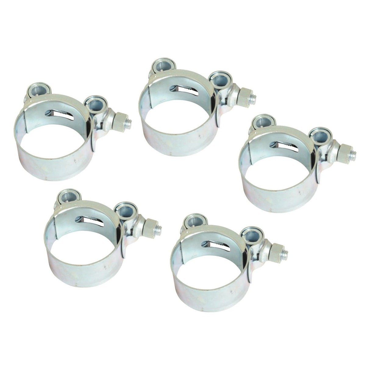 Five Slurry hose Clips from Sparex, Part No.S.911398, are arranged in a slightly curved line against a white background. Each silver metal clamp features a screw for tightening, underscoring their reliability.