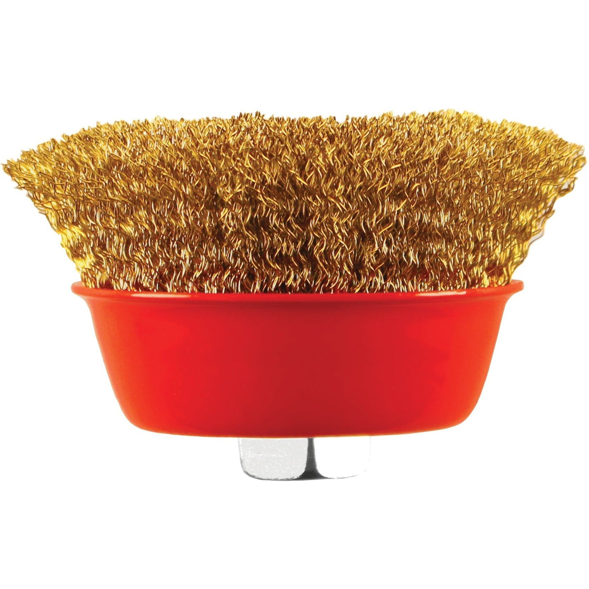 A brass-dipped wire brush with a red plastic base and a metal attachment. Perfect for your cleaning needs, this Sparex Crimp Cup Wire Brush 75mm (Part No. S.25362) is durable and efficient.