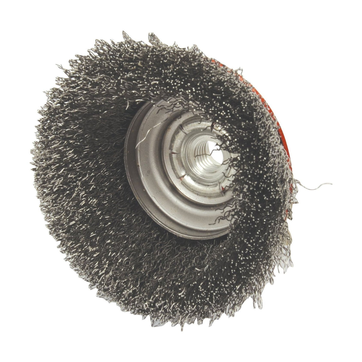 A round 100mm Crimp Cup Wire Brush from Sparex (Sparex Part No. S.25363) features dense, brass-dipped wire bristles and a central threaded hole for mounting on ABRACS power tools.